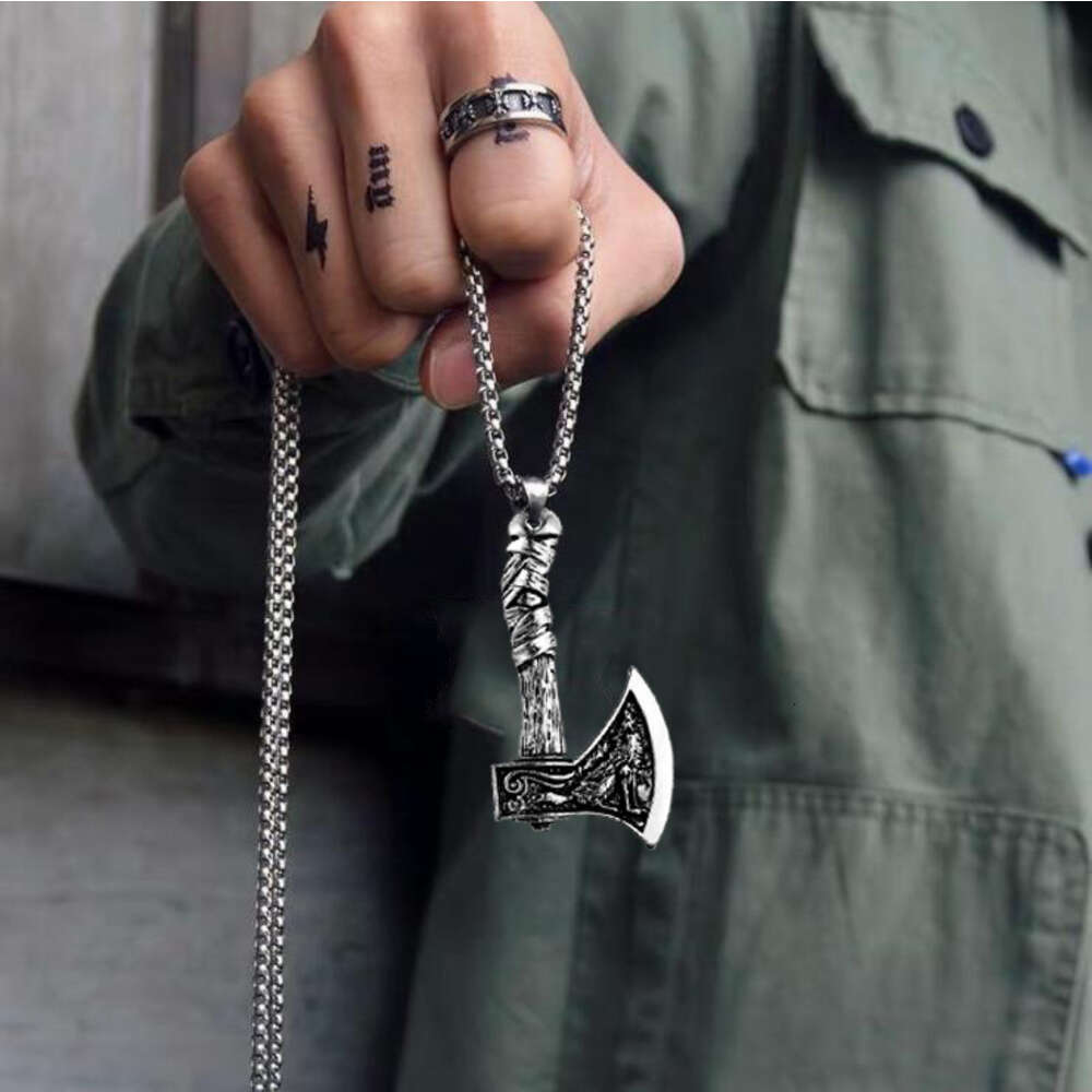 Celtic Wolf Crow Double Sided Axe Pendant Men's Necklace Stainless Steel Chain Hip Hop Viking Pirate Punk Rock Gothic Rapper jewelry Wholesale Bi
