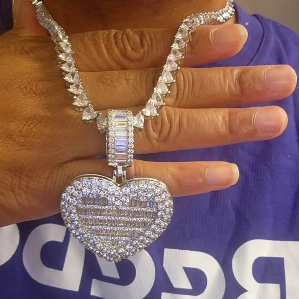 Iced Out Bling Can Be Opened Heart-shaped Po Pendant Necklace Hearts Tennis Chain Cubic Zirconia Fashion Women Men Jewelry 231225