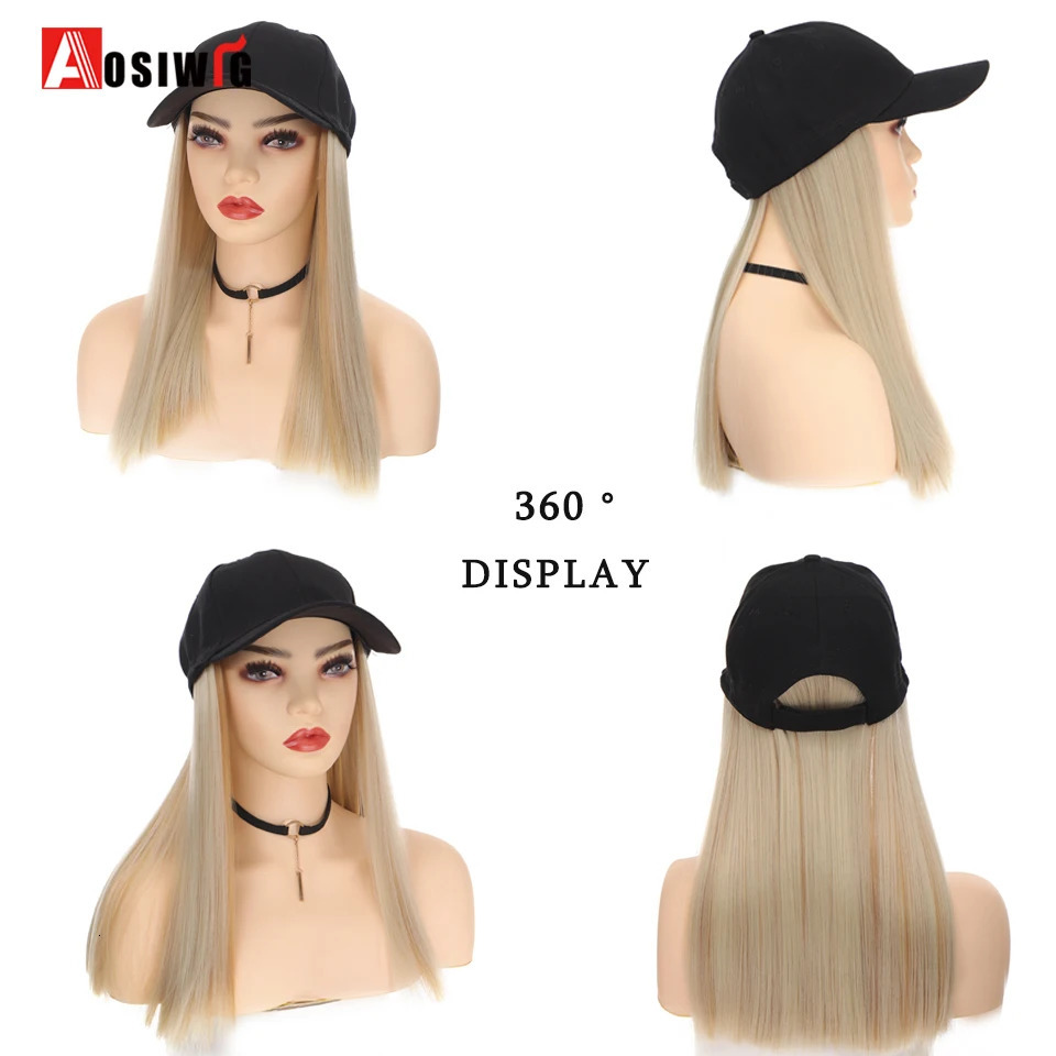 AOSI Fashion Black Baseball Cap With Wig Women Summer Synthetic Long Straight Hair Adjustable Hat 231226