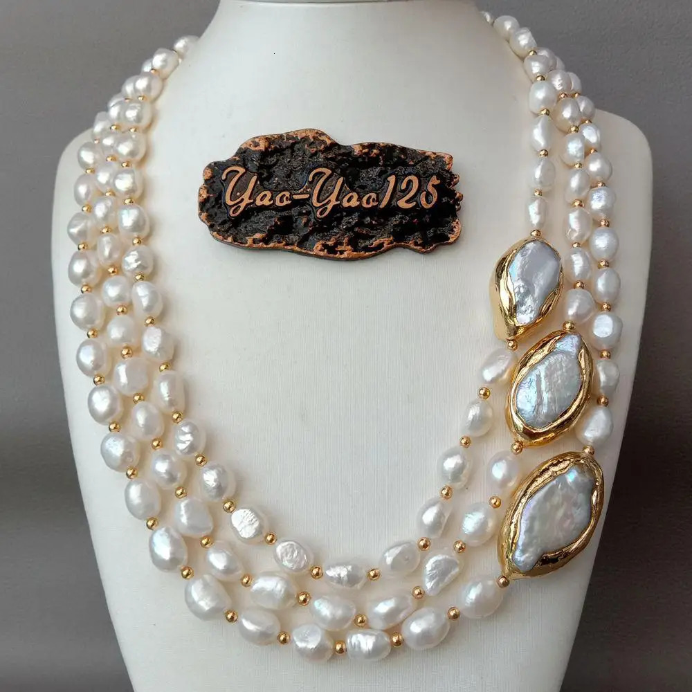 YYGEM 20" 3 strands Cultured Baroque freshwater Pearl Necklace Keshi Pearl Gold color edge Connector chokers for women 231225