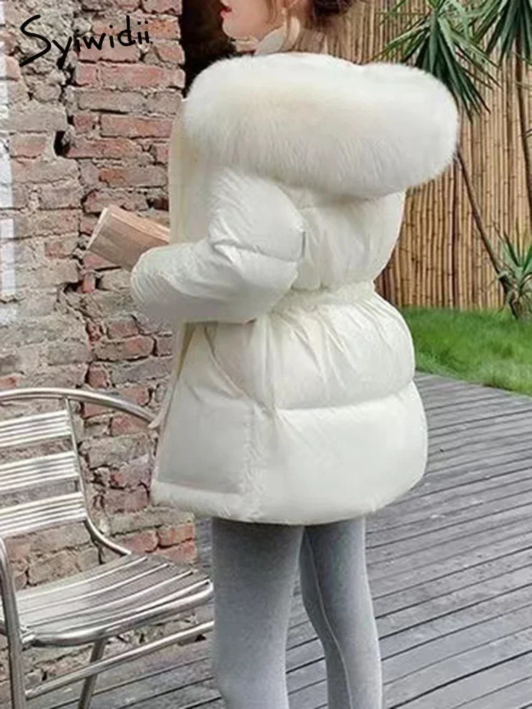 Syiwidii 90 Duck Down Jacket Women Hooded Coat Windproof Belted Thick Belted Fur Collar Solid Zippers Warm Fashion Clothing 231226