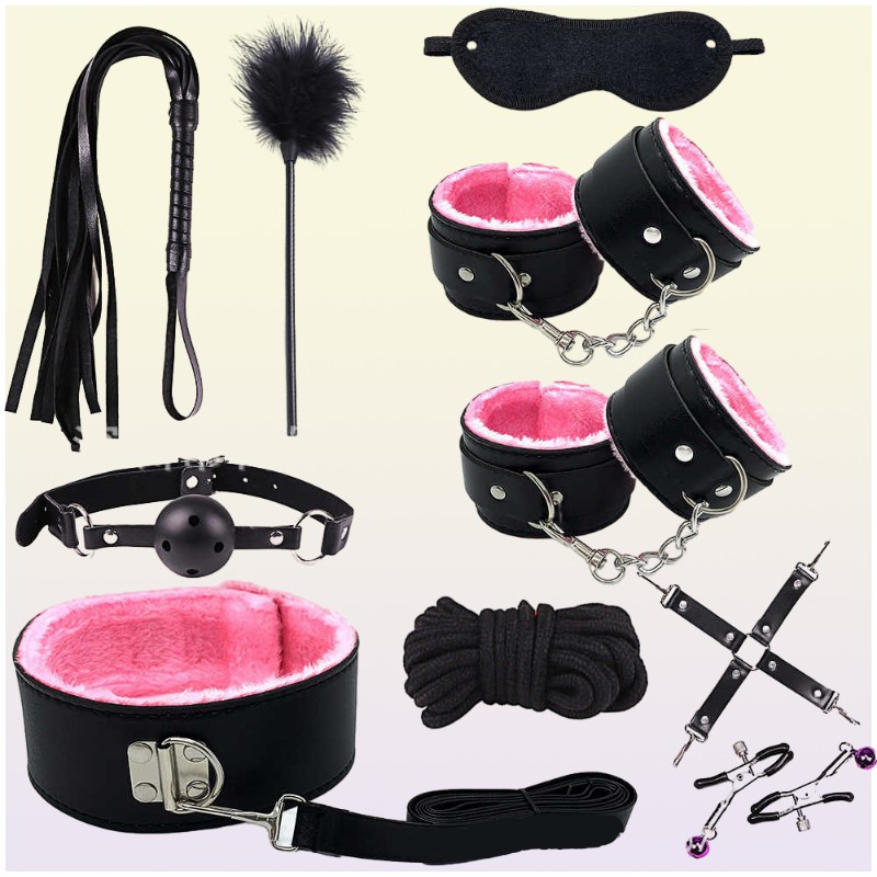 Fun Products Sliding Leather Sm Plush 10 Piece Set of Handcuffs and Foot Cuffs Binding Multiple Sets Alter Toys 3KN26266551