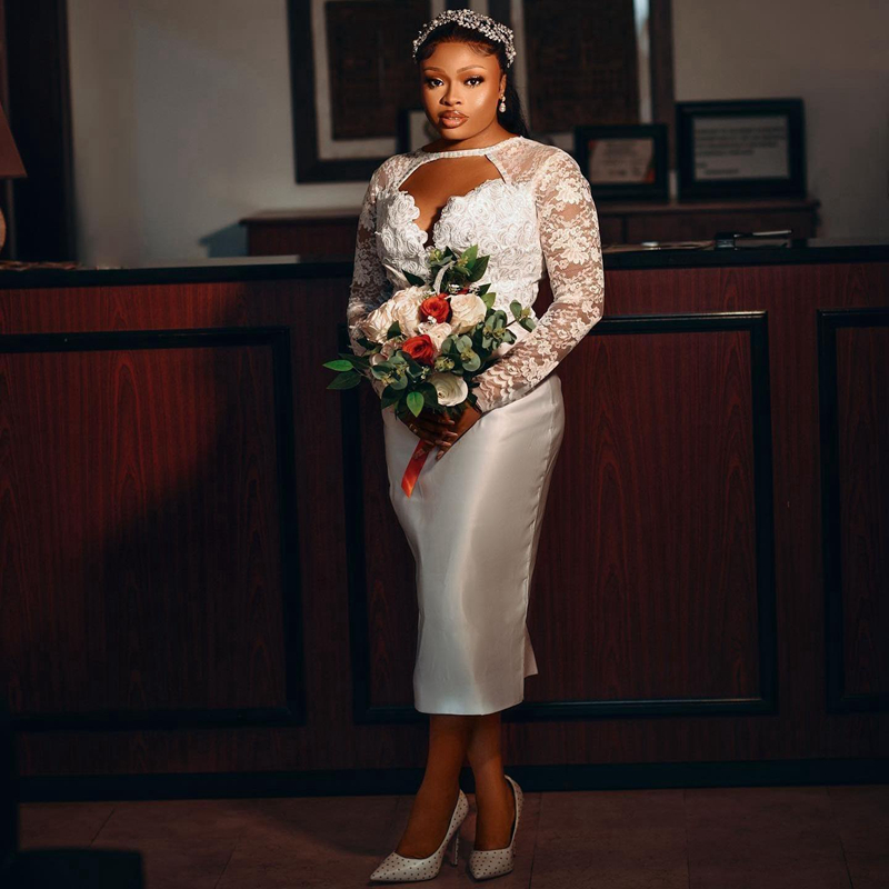 R&W Plus Size Illusion Trumpet Wedding Bride Tea Length Mermaid Long Sleeves Jewel Elegant Bridal Dress African Short Gown for Marriage Black Women D0