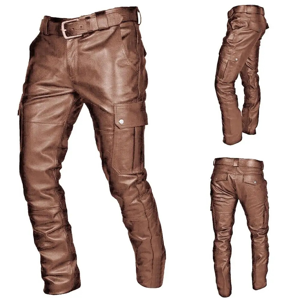 2023 Men's Pants Texture Shaped Leather Work Suit Pockets Fashion Trouser Men 231225