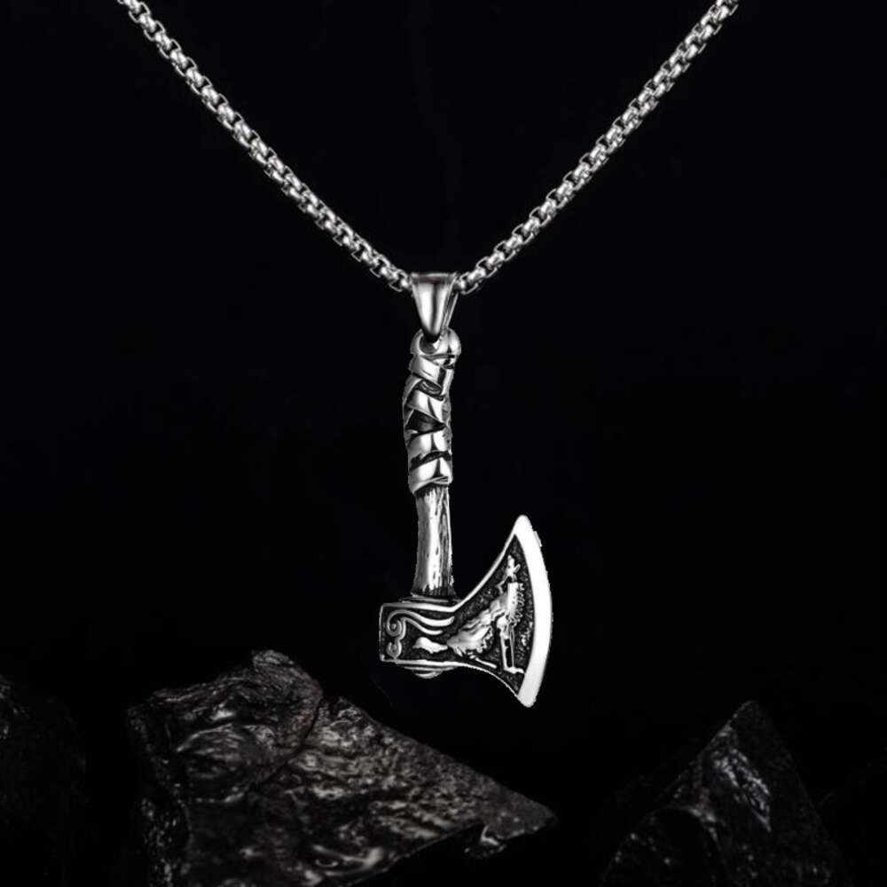 Celtic Wolf Crow Double Sided Axe Pendant Men's Necklace Stainless Steel Chain Hip Hop Viking Pirate Punk Rock Gothic Rapper jewelry Wholesale Bi