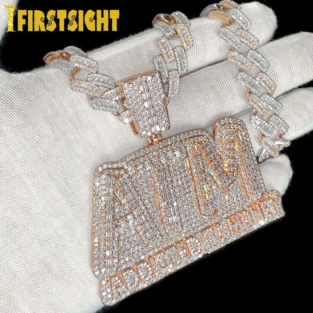 Iced Out Bling Letters ATM Addicted To Money Pendant Necklaces Silver Color Rectangle CZ Zircon Charm Men's Hip Hop Jewelry 231225