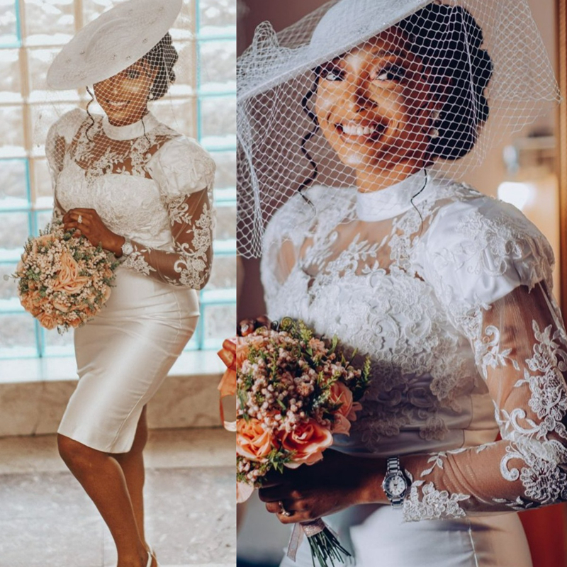 Plus Size Illusion Trumpet Wedding Dress for Bride Knee Length Mermaid Long Sleeves High Neck Gorgeous Bridal Dress African Short Gown for Marriage Bl