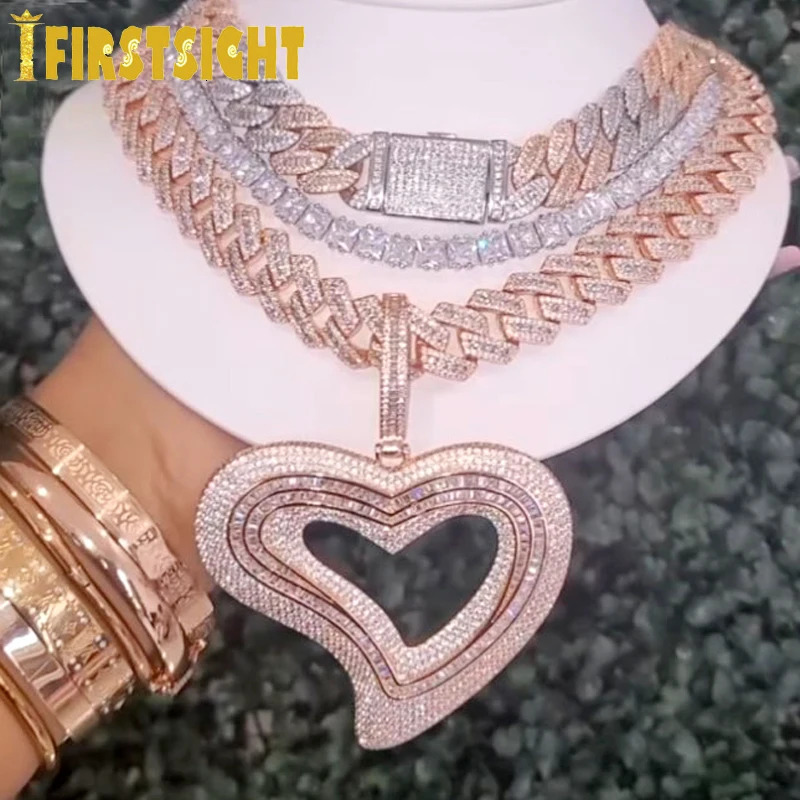 Iced Out Big Hollow Heart Pendant Necklace Bling Rectangle CZ Cubic Zirconia Tennis Chain Charm Women Men Hip Hop Jewelry 231225