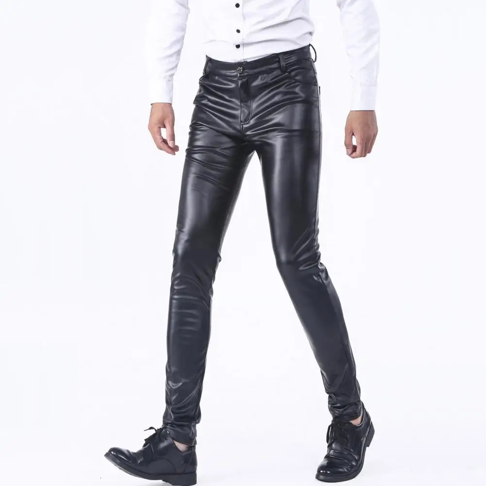 Men Clubwear Trousers Stylish Men's Faux Leather Slim Fit Pants with Pockets Breathable Comfortable Mid Waist for Streetwear 231225