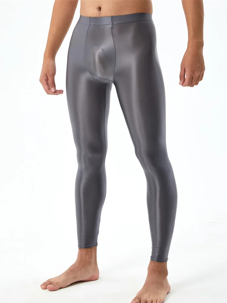 Sexy Men Elastic Oil Shiny Tight Pencil Pants Shaping Legging Sheer See Through s Breathable Exotic Trousers Candy Color 231225