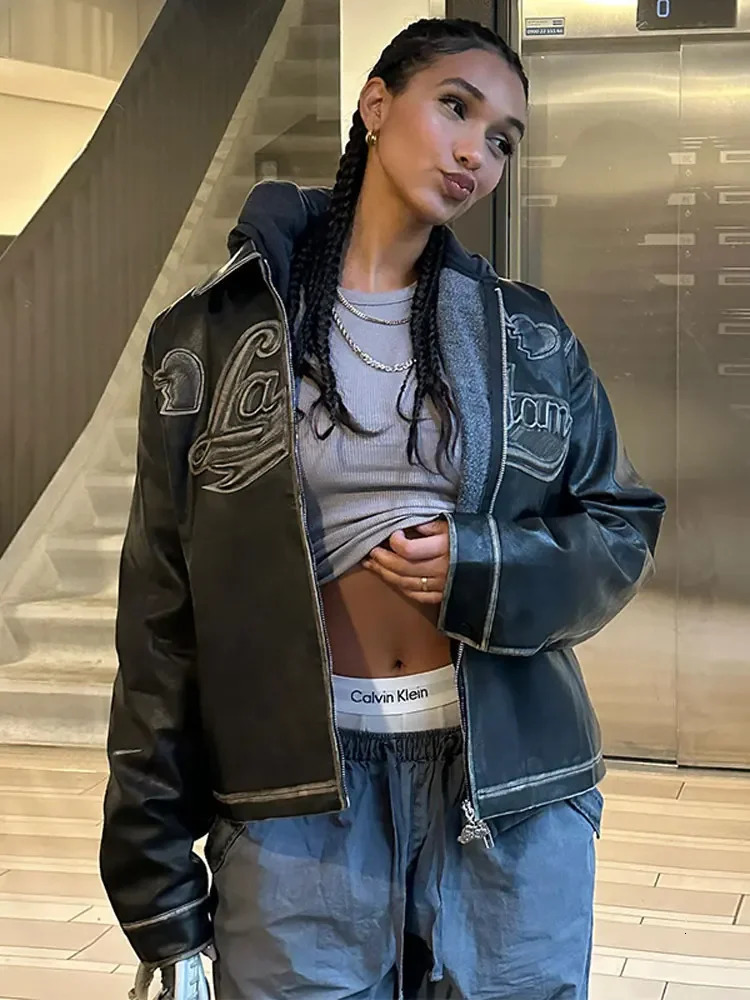 Letter Printed Lapel Leather Jacket For Women Elegant Zipper Long Sleeve Loose Coat Lady Motorcycle High Street Outerwear