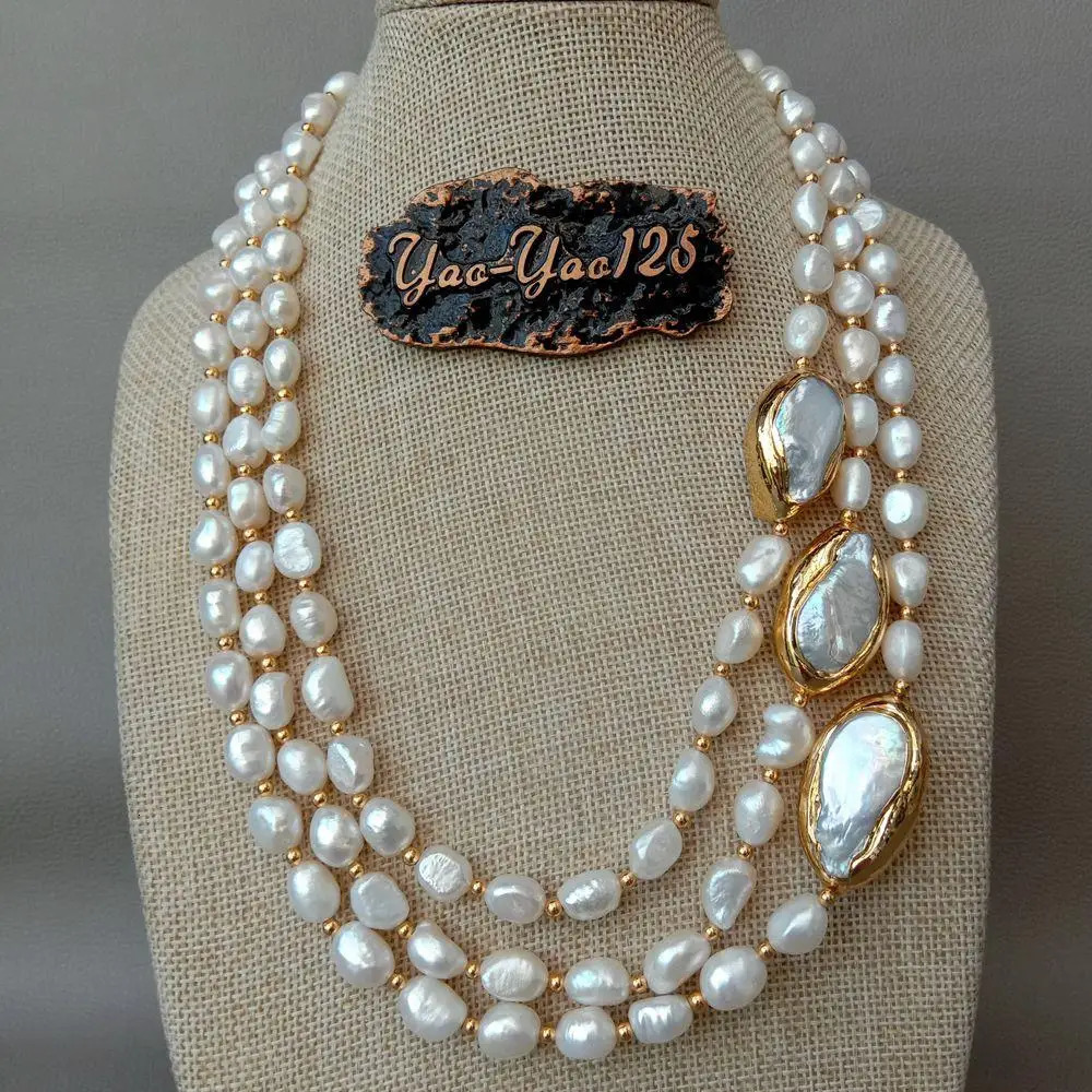 YYGEM 20" 3 strands Cultured Baroque freshwater Pearl Necklace Keshi Pearl Gold color edge Connector chokers for women 231225