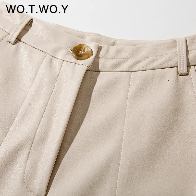 WOTWOY High Waisted Straight Leather Trousers Women Zipper-Up Casual Fleece PU Leather Pants Female Black White Autumn Pants 231226