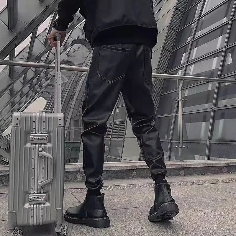 Men's Leather Pants Trend Fashion Thickened Warm Motorcycle Windproof Waterproof PU Black Trousers Harajuku Man Streetwear 231225