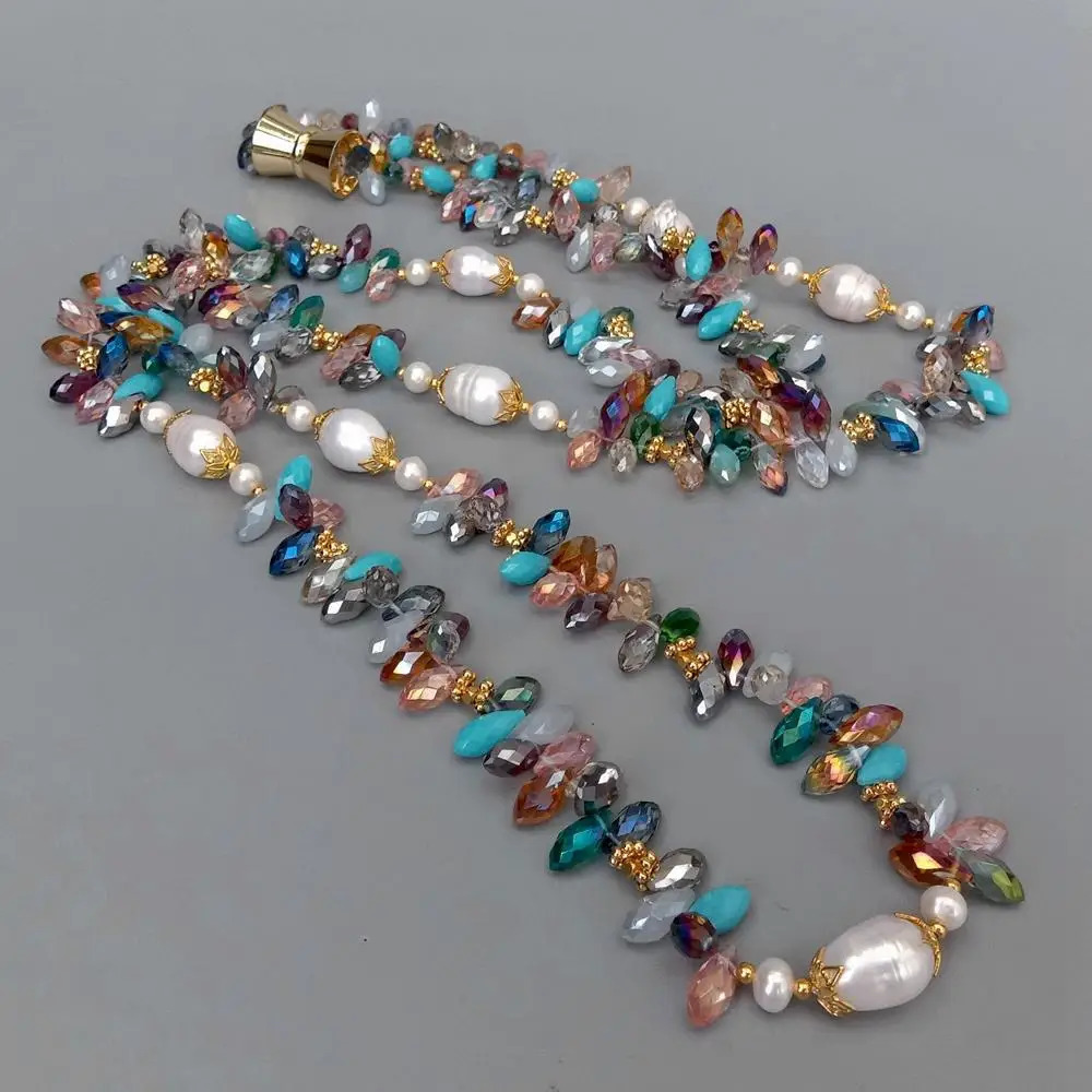 YYGEM Natural Cultured Freshwater White Rice Pearl Multi Color Top-Drilled Teardrop Crystal Long Necklace 49" 231225