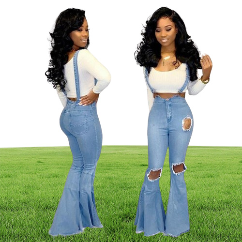 Women's Jumpsuits Rompers Tsuretobe Casual Flare Ripped Denim Jumpsuit Women Fashion Wide Leg Pant Romper Spaghetti Strap