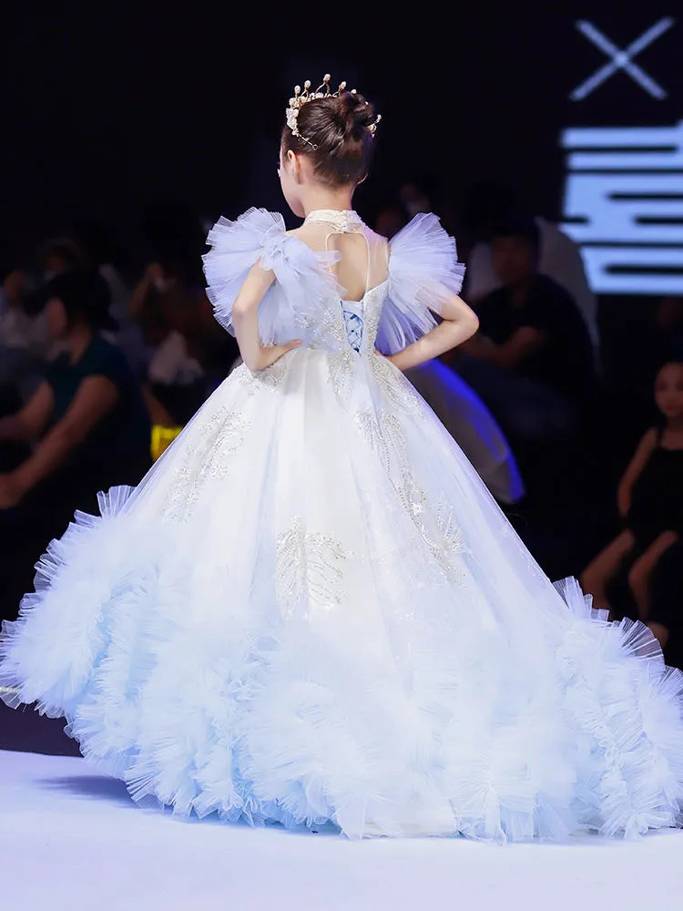 Ruffles Pluffy Girls Pageant Dresses High Low Flower Girls Dress Sequins Lace Appliques Short Sleeves Long Tulle Kids Formal Wear Birthday Party Gowns