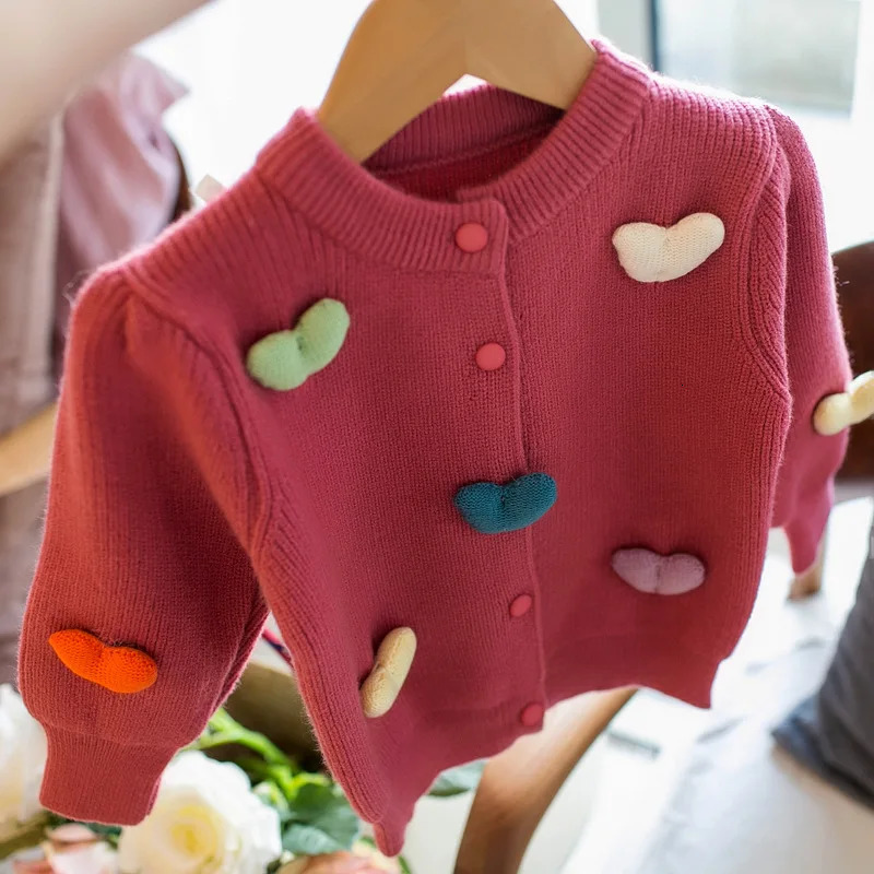 Autumn Kids Baby Prom Heart Knit Outwear Sweaters Cardigans For Girls Single Breast Coat 231226