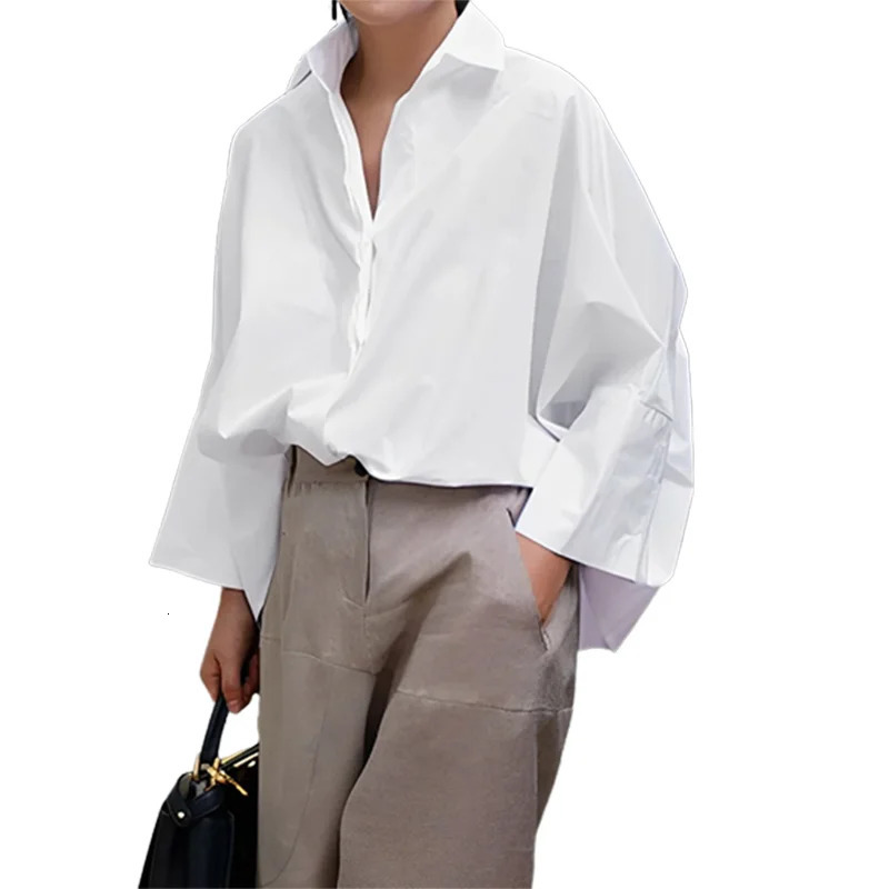 Yeezzi Women Stylish Black White Solid Color Lapel Blouses Spring Autumn Long Sleeve Loose Causal Office Shirts Tops 231225