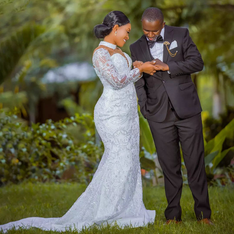 African Arabic Aso Ebi Wedding Dress for Bride Illusion Trumpet Bridal Dresses High Beaded Neck Long Sleeves Lace Mermaid Marriage Gowns for Black Wom