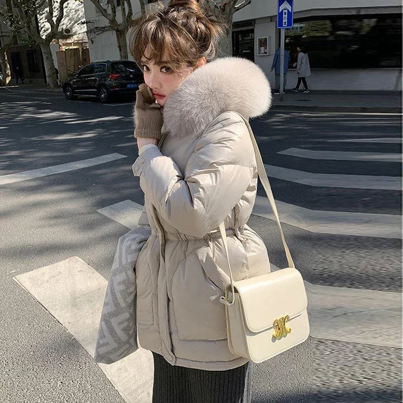 Winter Jacket Women Down Coats With Real Fox Fur Collar Fashion Korean White Duck Down Warm Solid Outwear 231226