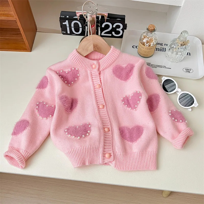 Autumn Kids Girls Kniwears Cotton Knitted Pearl Love Jacquard Baby Girls Sweater Coat Loose Warm Toddler Girls Cardigan 231226