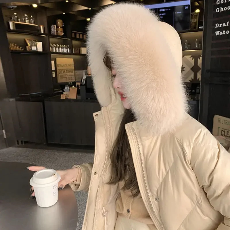 Winter Jacket Women Down Coats With Real Fox Fur Collar Fashion Korean White Duck Down Warm Solid Outwear 231226