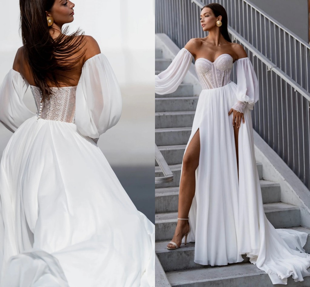 Bohemian A Line Wedding Dress 2024 Sweetheart Chiffon Bohemia Lace Sleeves Backless Slit Long Women Bridal Gowns Vestido De Novia Robe De Mariage
