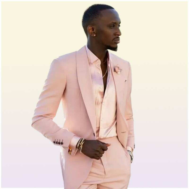 Handsome Blush Pink Mens Suits Wedding Tuxedos 2 Pieces Groom Formal Wear Pants Suit Men Business Evening Prom Blazer JacketPant