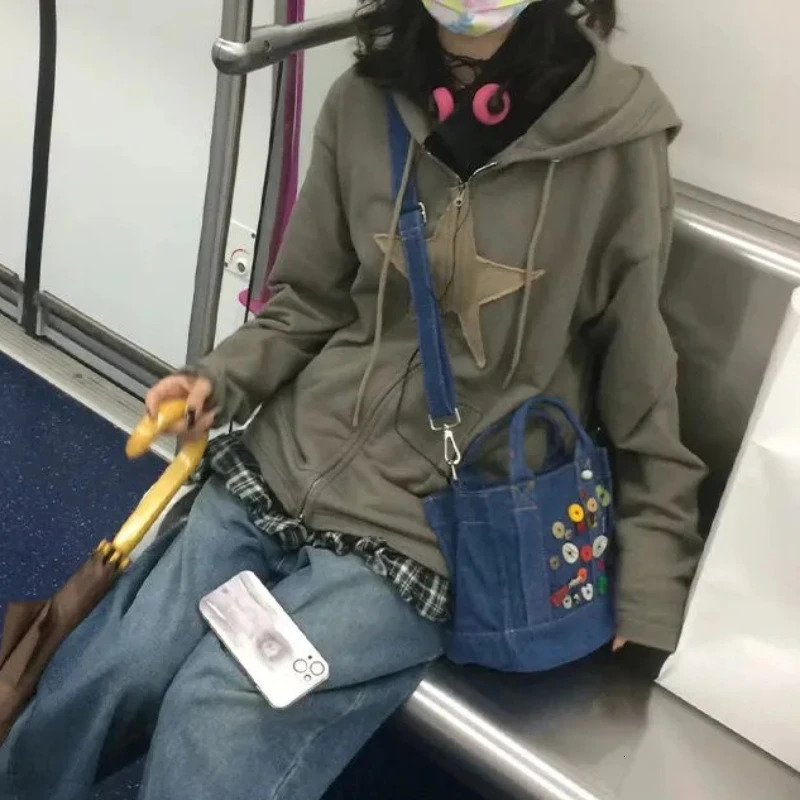 Vintage Star Patch Cotton Hoodie Hip Hop Zip Up Hooded Sweatshirt Tops Harajuku Y2k Gothic Long Sleeve Loose Jacket Coats 231225