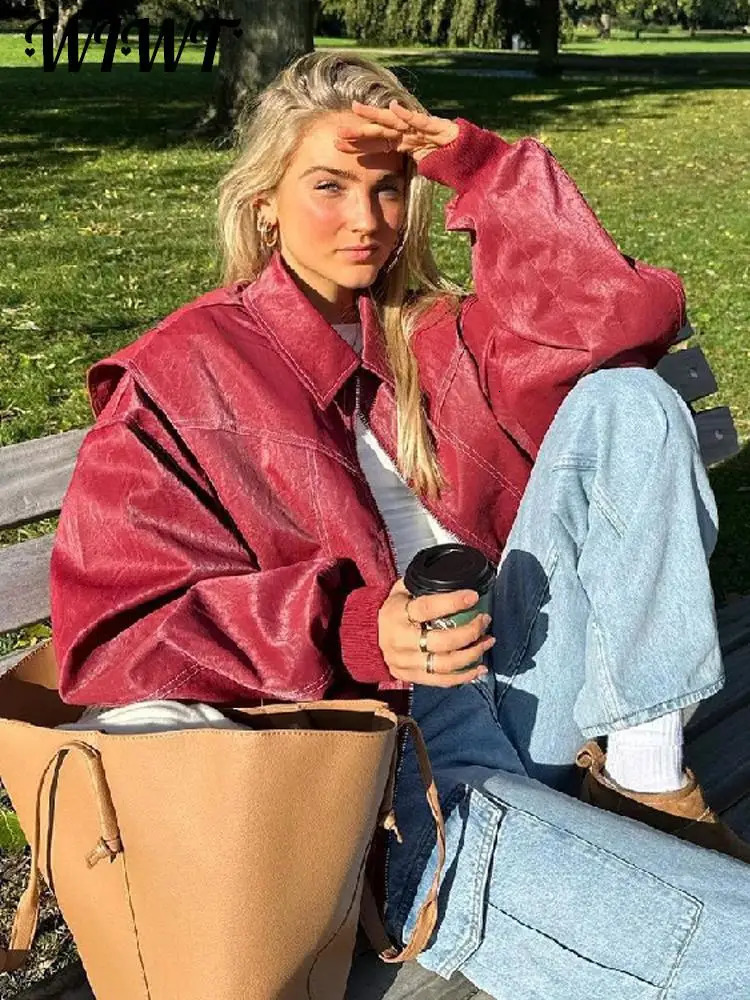 Red Lapel Zipper Leather Jacket Women Autumn Winter Vintage Long Sleeve Patchwork Jackets Fashion Streetwear Pocket Coats 231226