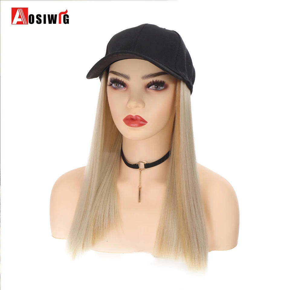 AOSI Fashion Black Baseball Cap With Wig Women Summer Synthetic Long Straight Hair Adjustable Hat 231226