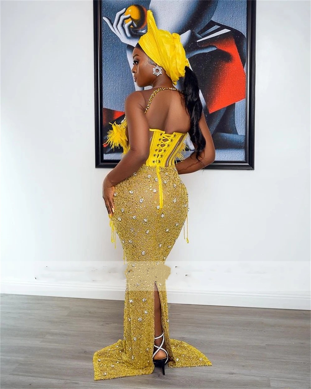 Feathers Tassels Beaded Yellow Aso Ebi Mermaid Prom Party Dresses for Women Corset Formal Ocn Dress African