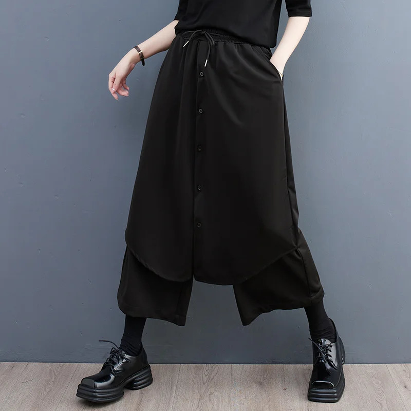 #2919 Black False Two Piece Wide Leg Pants Women Elastic Waisted Buttons Asymmetrical Straight Pants Female Loose Streetwear 231226