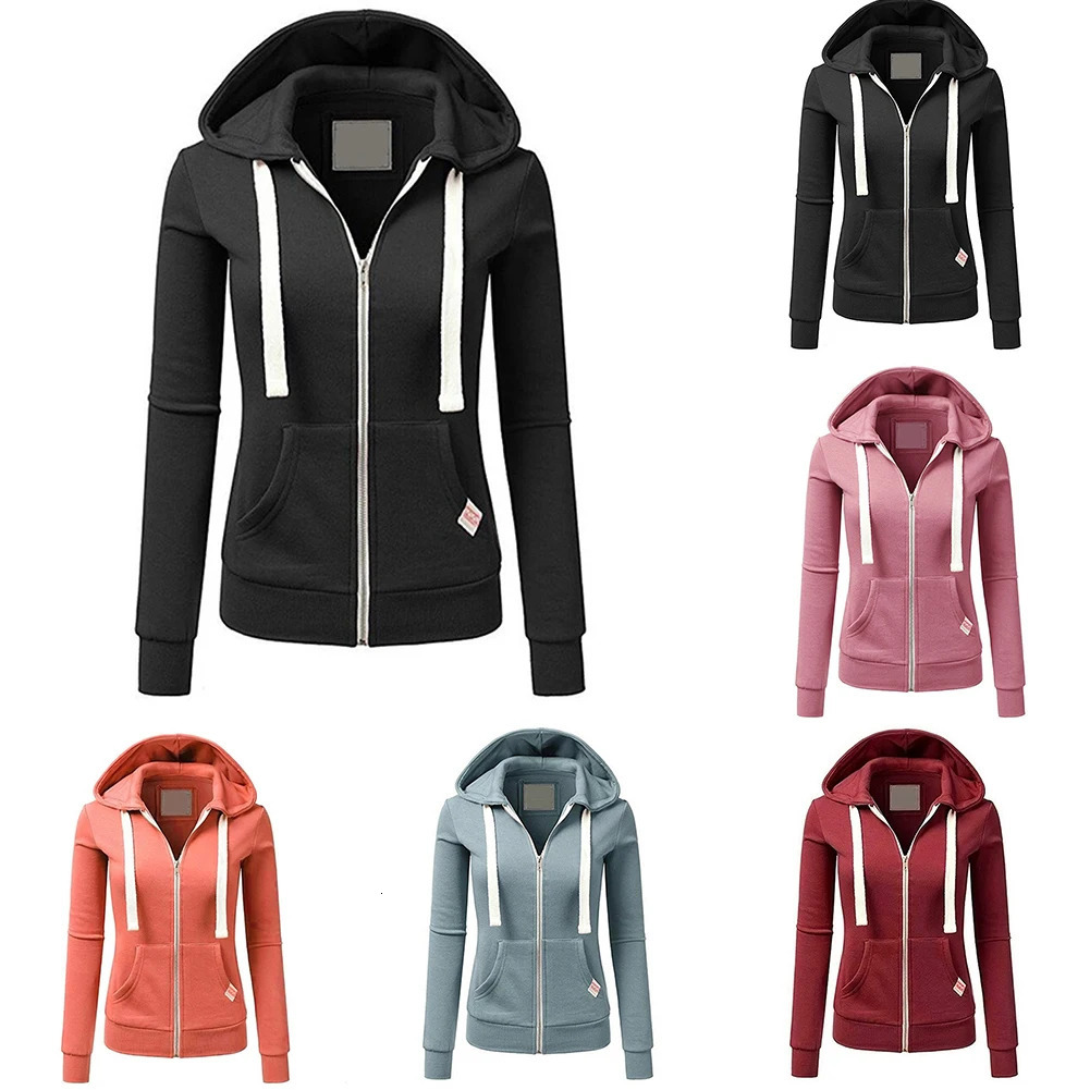Fashion Hooded Zipup Hoodies For Women Solid Color Slim Pockets Sweatshirts Hoody Coat Jacket Top Outwear Clothing 231225