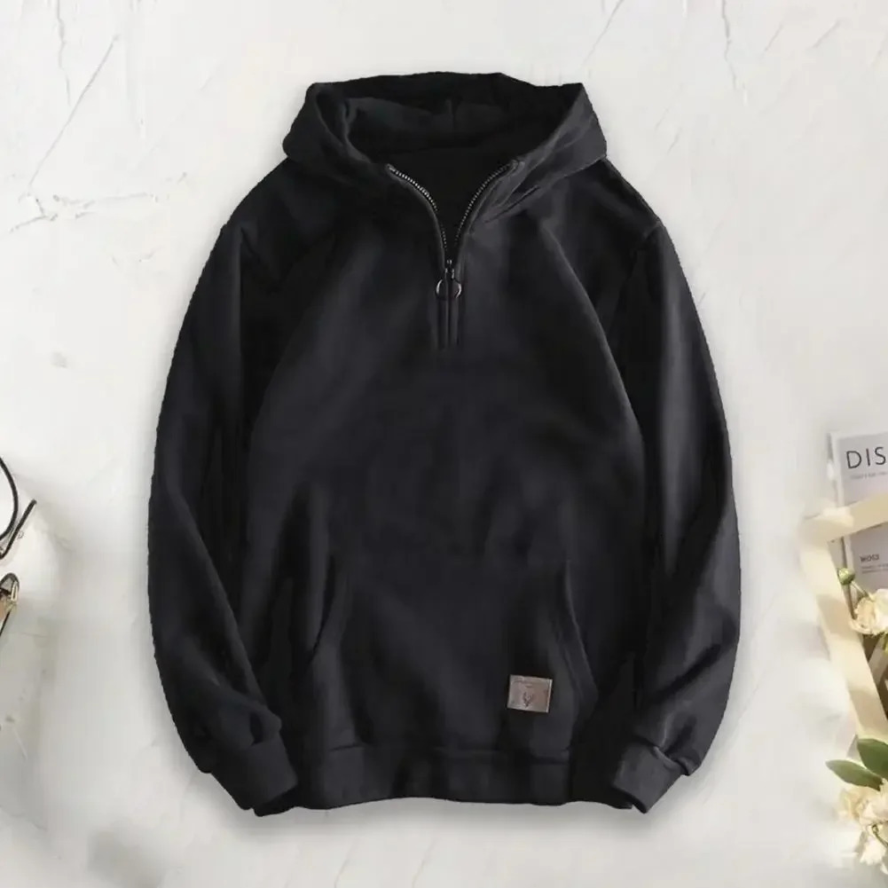 Men Sweatshirt Hooded Zipup Thickened Hoodies Winter Solid Color Fashion Warm Hoodie With Zipper Decor Elastic Cuff Big Pocket 231225