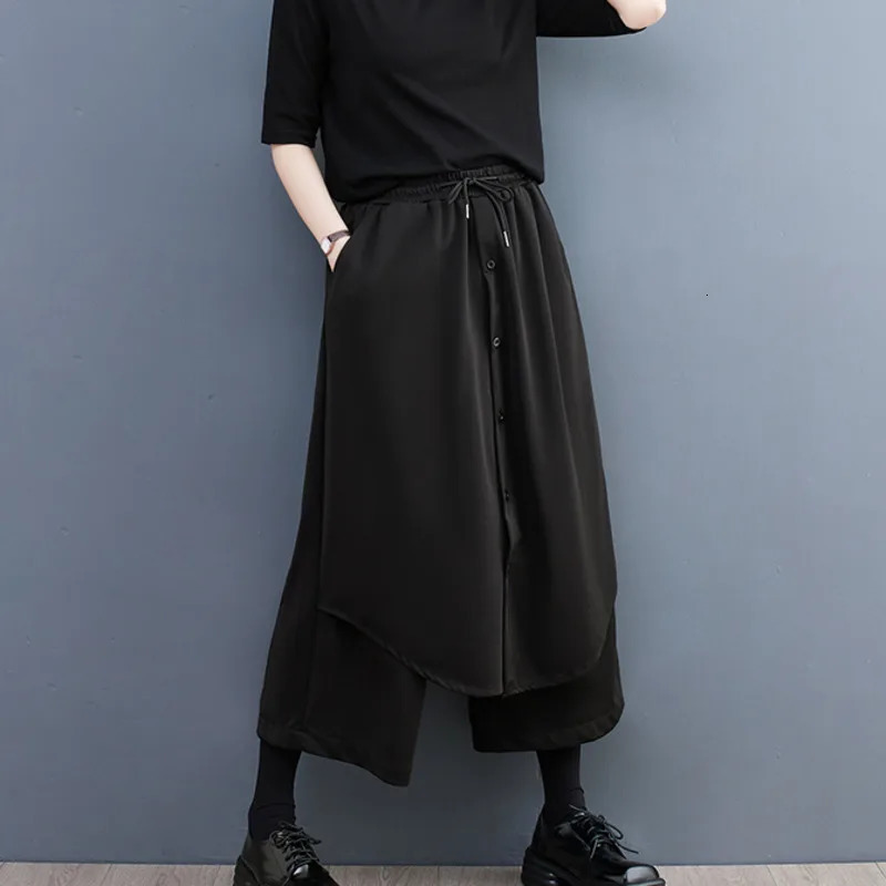 #2919 Black False Two Piece Wide Leg Pants Women Elastic Waisted Buttons Asymmetrical Straight Pants Female Loose Streetwear 231226