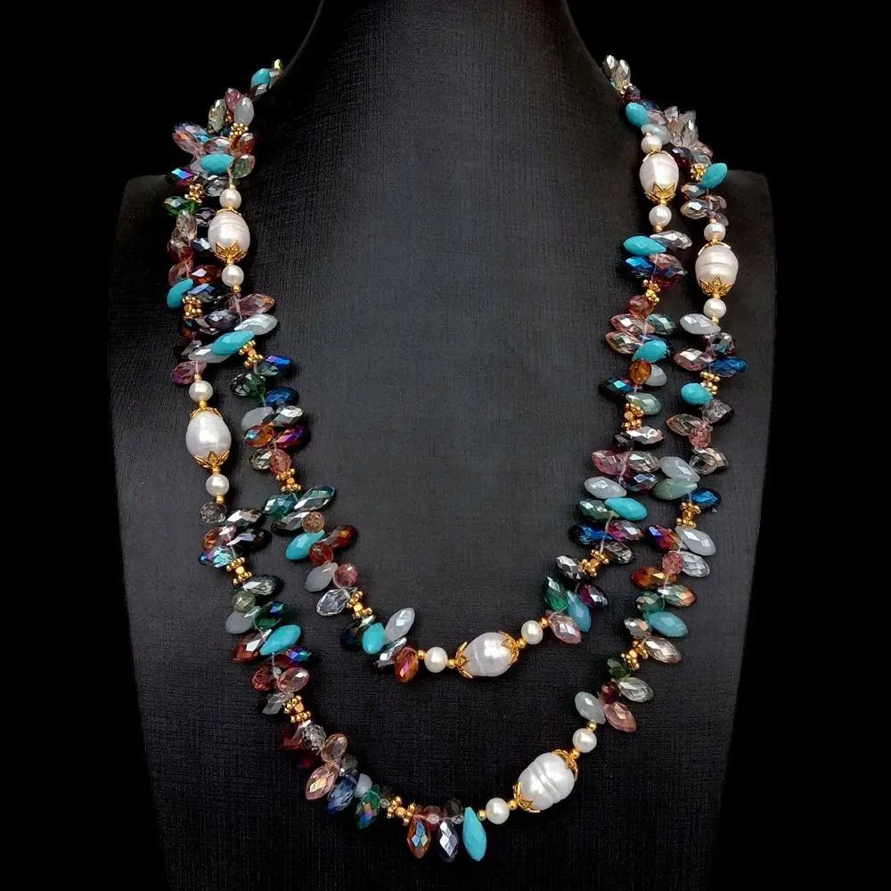 YYGEM Natural Cultured Freshwater White Rice Pearl Multi Color Top-Drilled Teardrop Crystal Long Necklace 49" 231225