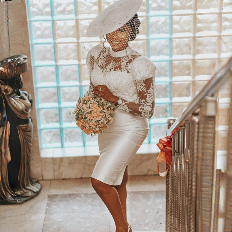 Plus Size Illusion Trumpet Wedding Dress for Bride Knee Length Mermaid Long Sleeves High Neck Gorgeous Bridal Dress African Short Gown for Marriage Bl