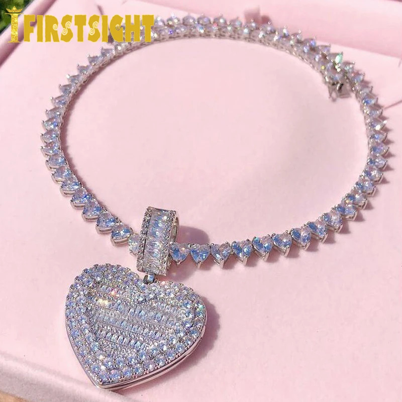 Iced Out Bling Can Be Opened Heart-shaped Po Pendant Necklace Hearts Tennis Chain Cubic Zirconia Fashion Women Men Jewelry 231225