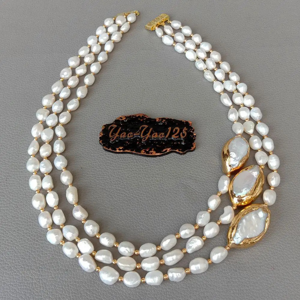 YYGEM 20" 3 strands Cultured Baroque freshwater Pearl Necklace Keshi Pearl Gold color edge Connector chokers for women 231225
