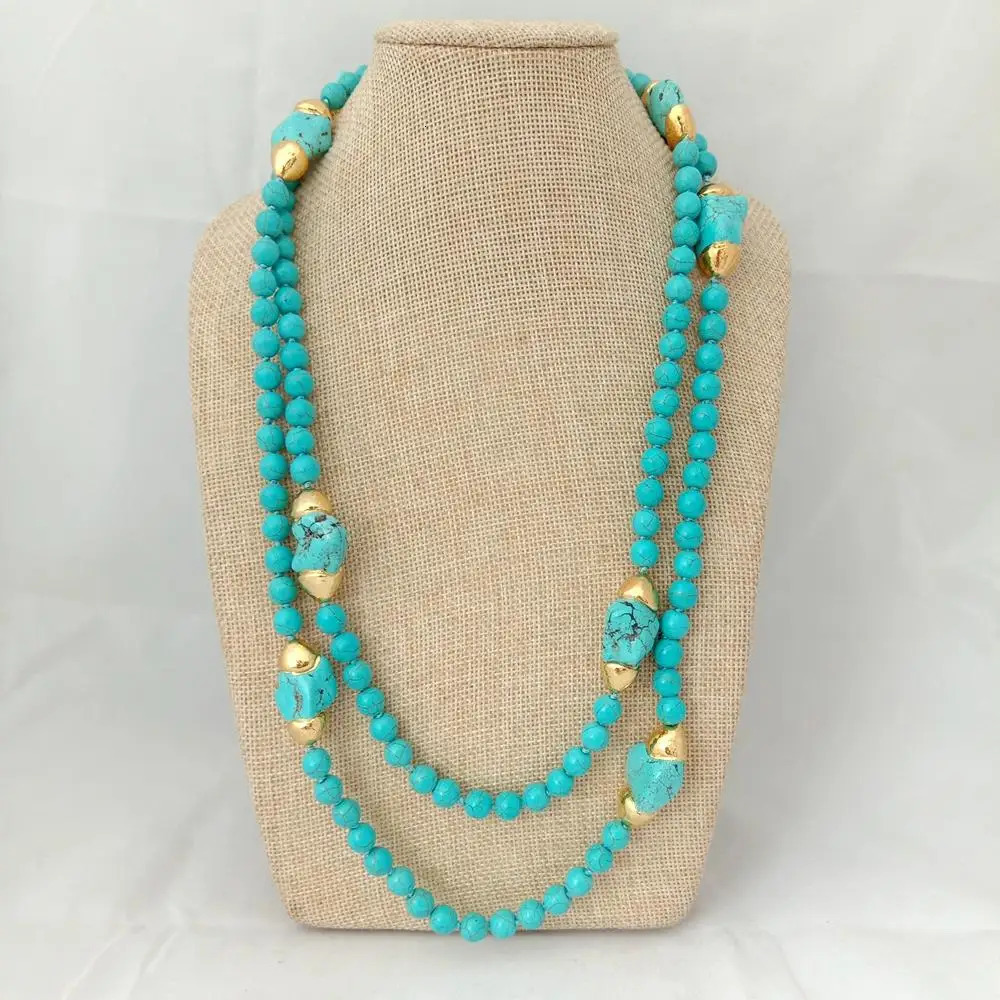 YYGEM 52'' 8MM Blue Turquoise Round Yellow Gold Plated Freeform Turquoise long sweater chain Necklace 231225