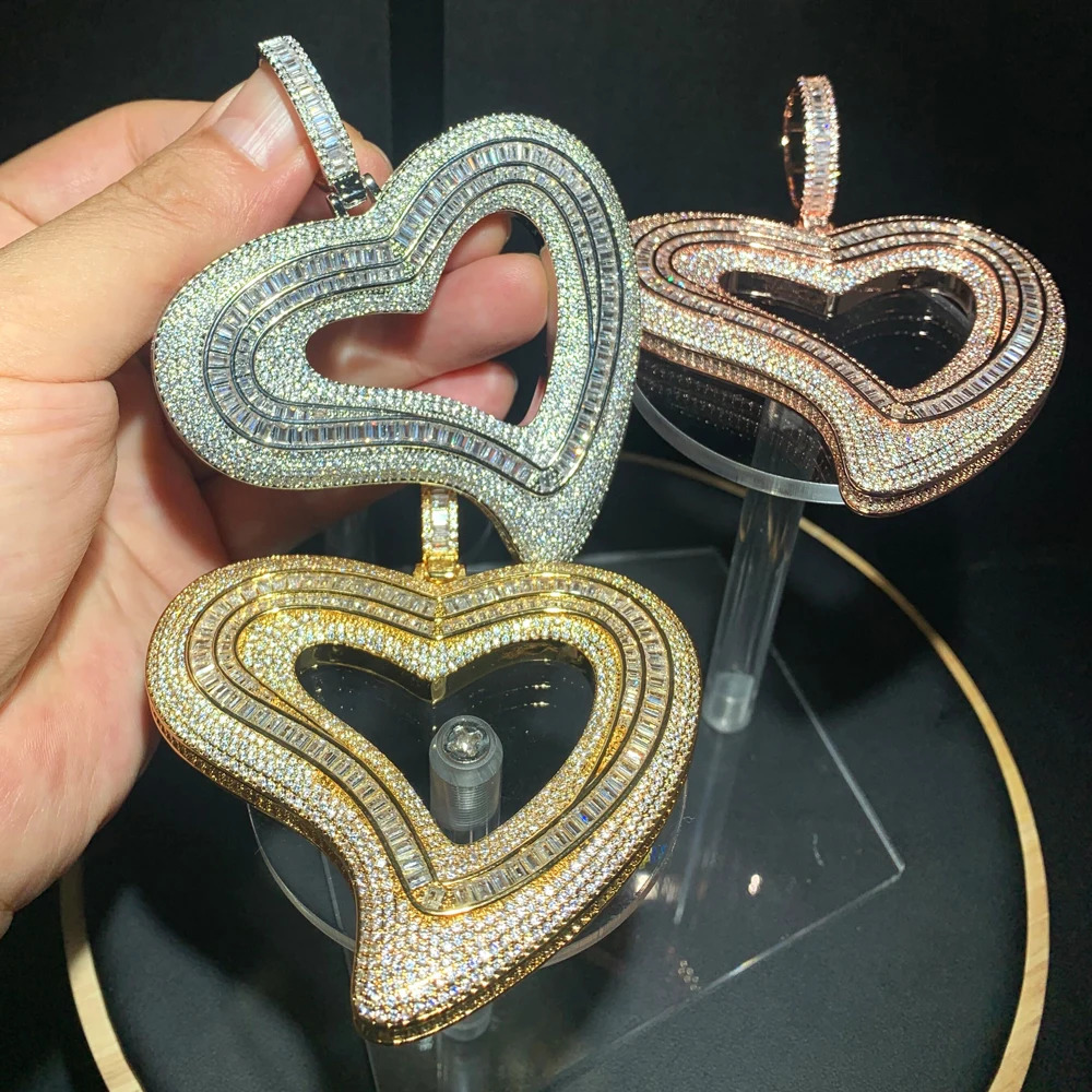 Iced Out Big Hollow Heart Pendant Necklace Bling Rectangle CZ Cubic Zirconia Tennis Chain Charm Women Men Hip Hop Jewelry 231225