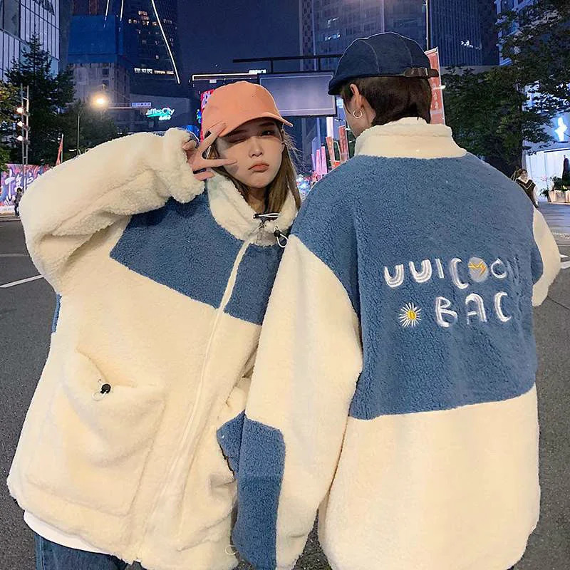 winter Women Hoodies Velvet Patchwork Zipup Long Sleeve Lambswool Oversized fleece coats Casual Korean Warm white sweatshirt 231225