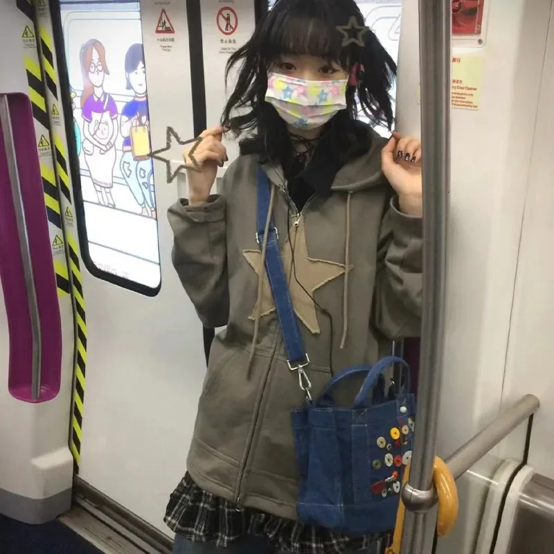 Vintage Star Patch Cotton Hoodie Hip Hop Zip Up Hooded Sweatshirt Tops Harajuku Y2k Gothic Long Sleeve Loose Jacket Coats 231225