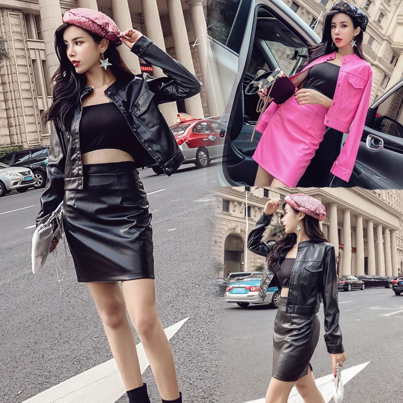 2 Pieces sexy skirt leather Sets women ladies PU Leather jacket and skirt Feminina Buttons long sleeve coat high waist skirt 231226