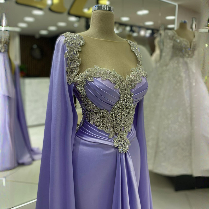 Lavender Elegant Evening Dresses Sheer Neck Mermaid Elastic Satin Crystals Prom Dresses for Special Occasions Promdress Second Reception Gowns Engagem
