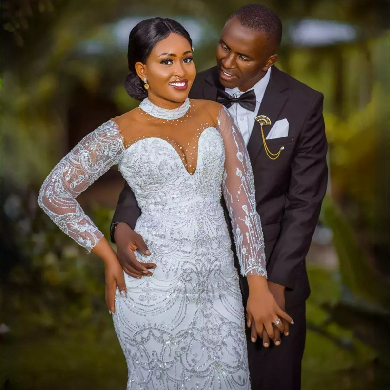 African Arabic Aso Ebi Wedding Dress for Bride Illusion Trumpet Bridal Dresses High Beaded Neck Long Sleeves Lace Mermaid Marriage Gowns for Black Wom