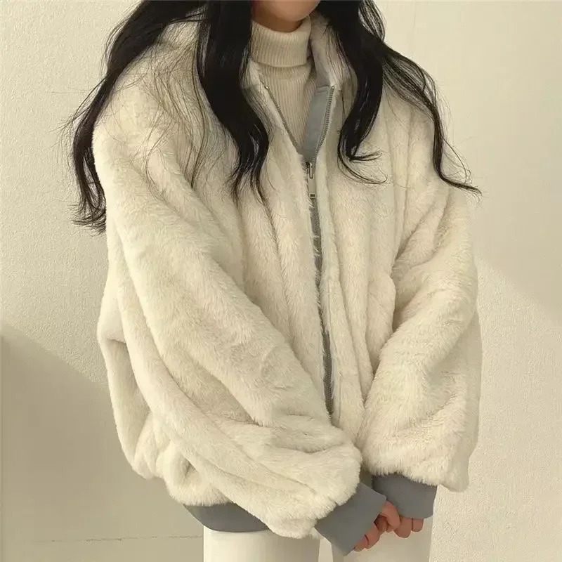 Korean velvet thickened reversible lamb wool cotton coat for women winter zipper hooded top zip up hoodie y2k 231225