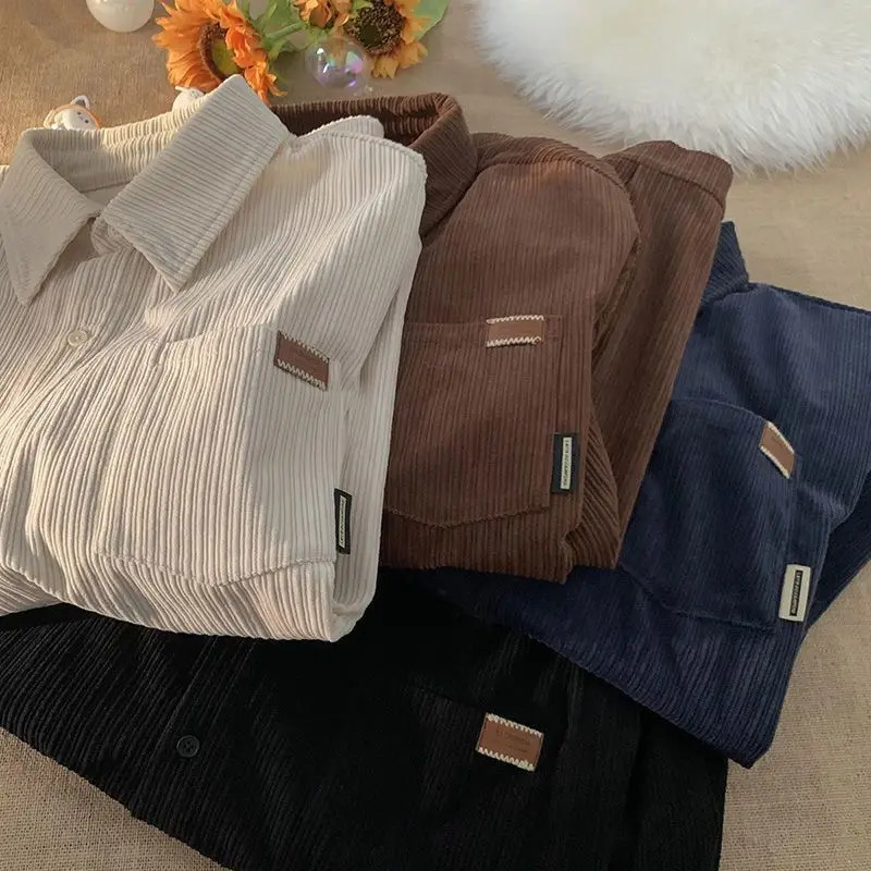 Corduroy Long Sleeve Polo Shirts for Men Fashion Retro Autumn and Winter Loose Harajuku Casual Shirt Coat Clothing 231225